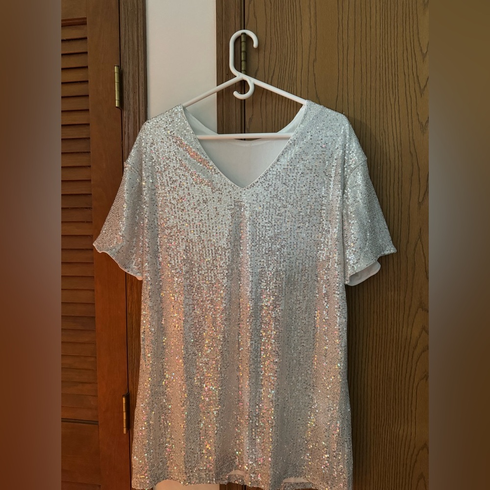 Sequin V-Neck Silver Top